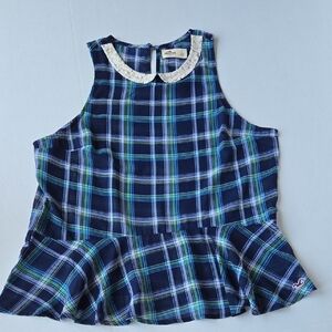 Hollister Blue and Green Plaid Peplum Tank Top - Size L